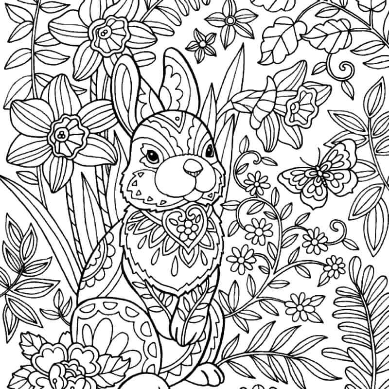 Rabbit with flowers in spring coloring page