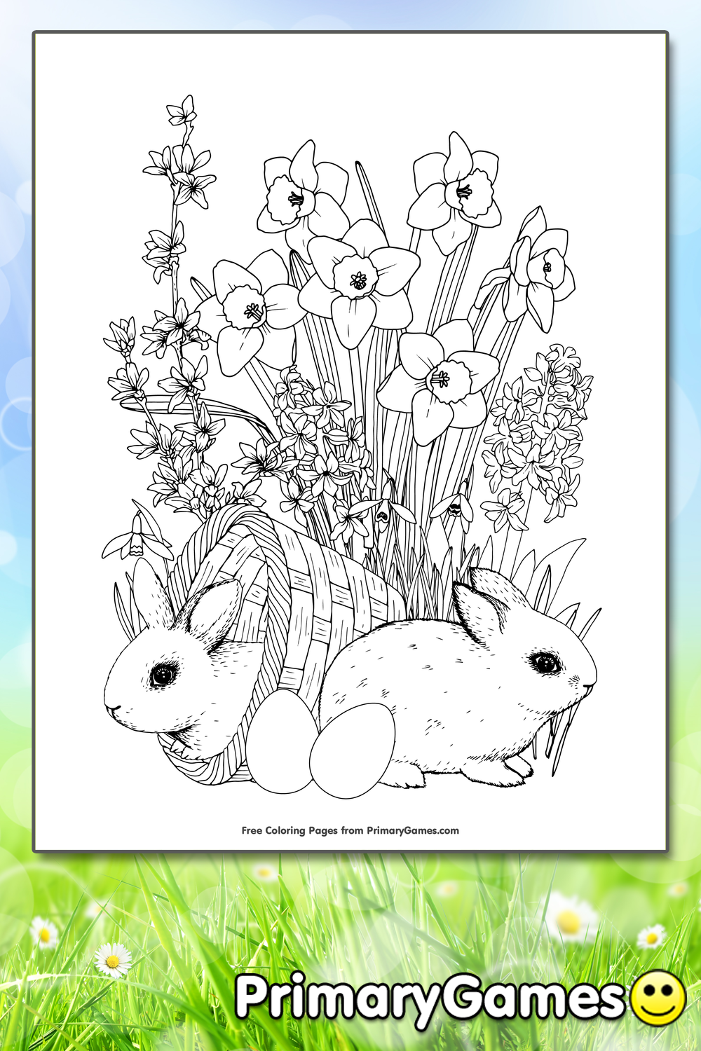 Bunnies and spring flowers coloring page â free printable pdf from
