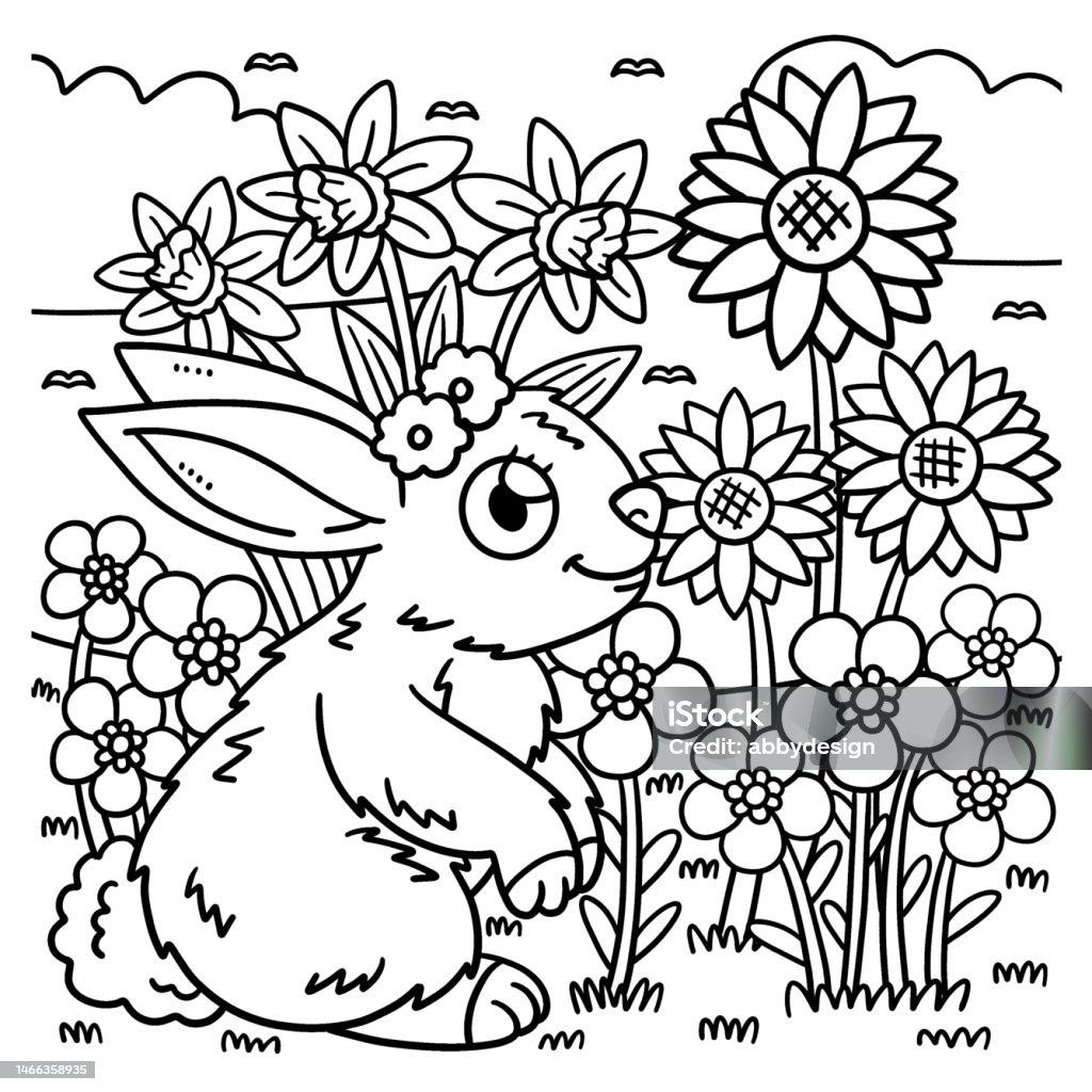 Spring rabbit and flowers coloring page for kids stock illustration