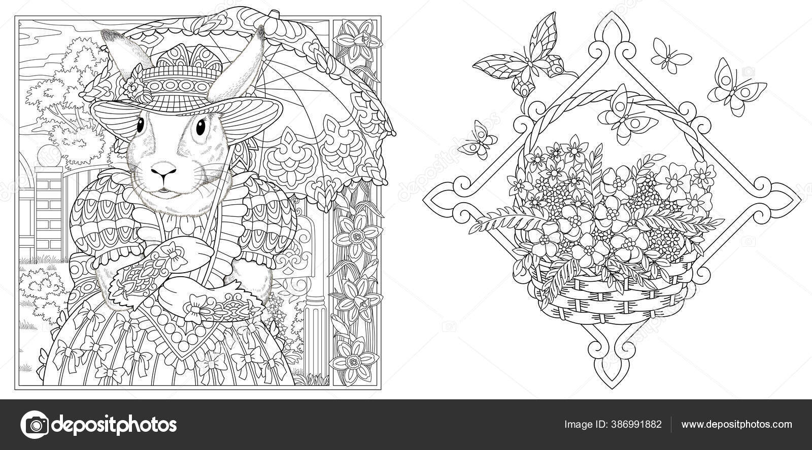 Coloring pages bunny girl spring flower garden lace umbrella froral stock vector by sybirko
