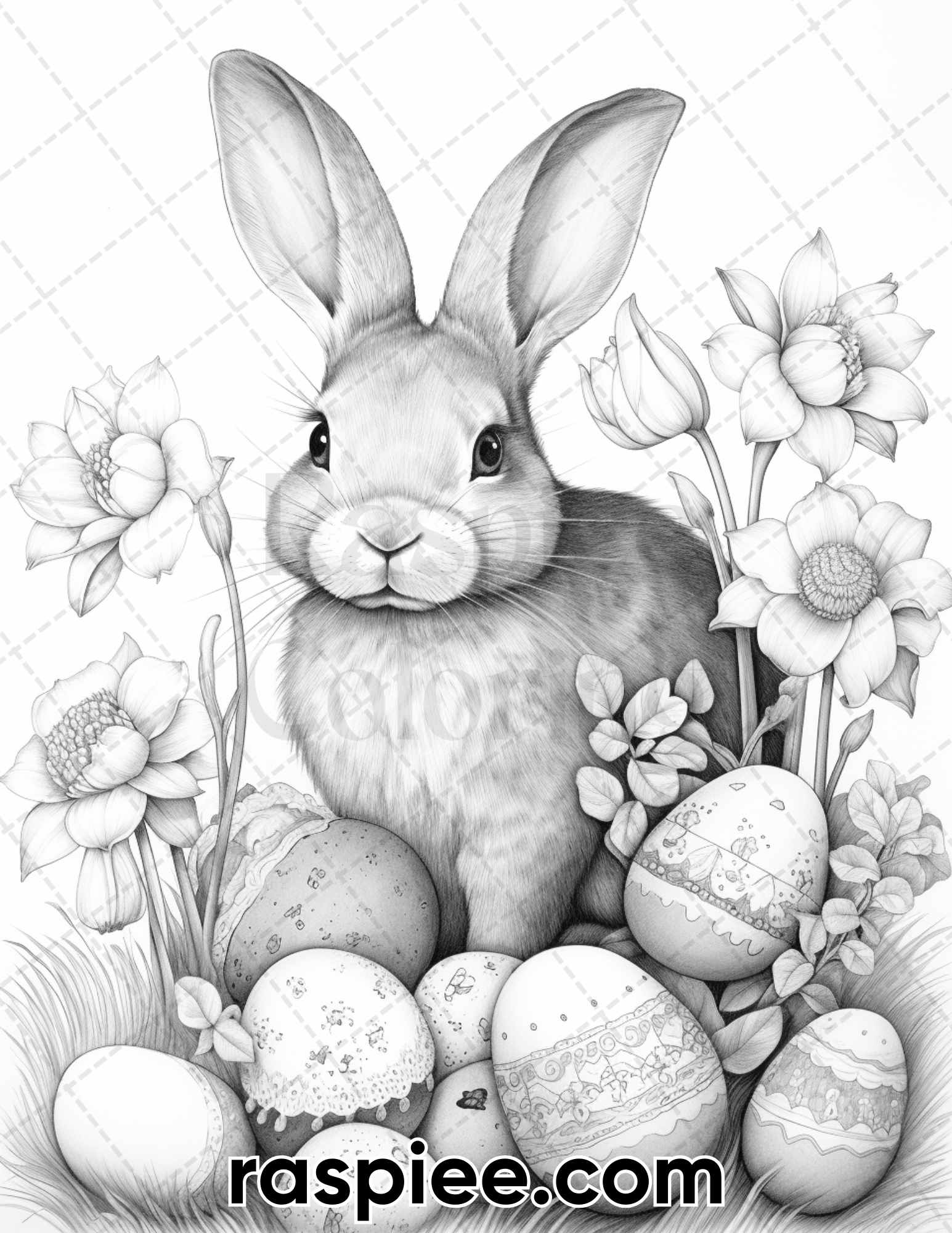 Easter bunny grayscale adult coloring pages printable pdf instant â coloring