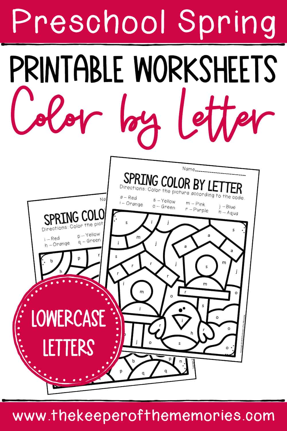 Color by lowercase letter spring preschool worksheets