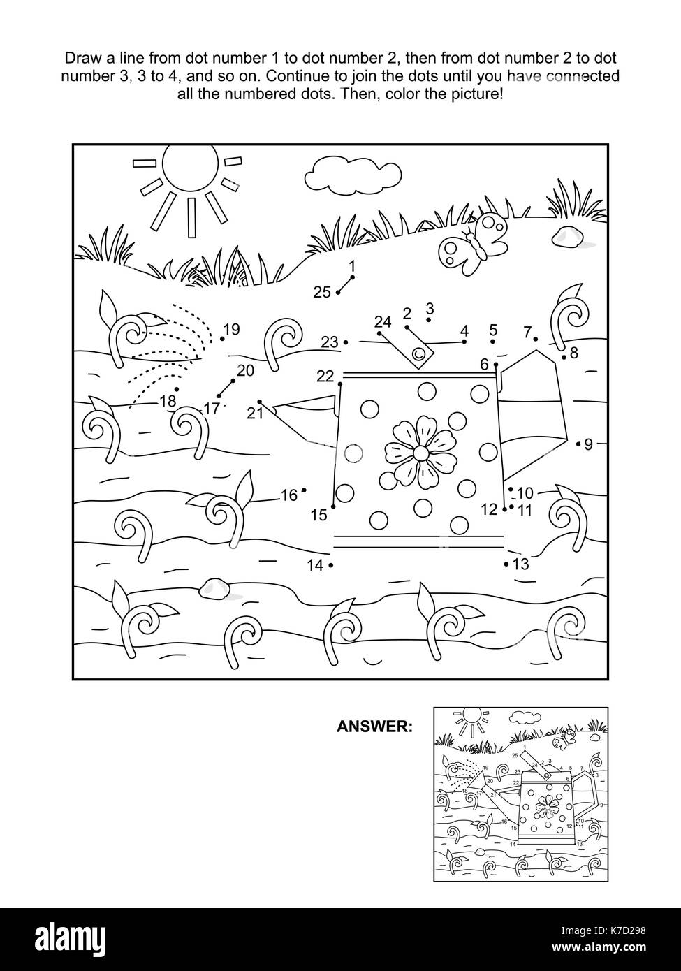 Spring and gardening themed connect the dots picture puzzle and coloring page with watering can and young sprouts answer included stock vector image art