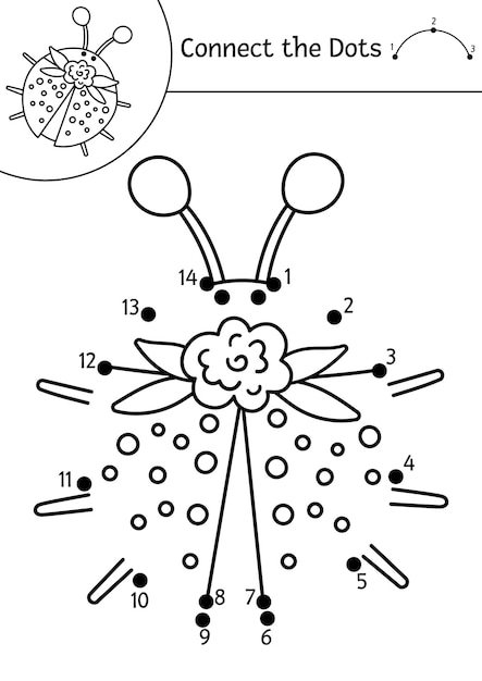Premium vector vector dottodot and color activity with cute ladybird spring holiday connect the dots game for children with funny forest insect woodland coloring page for kids with ladybug xa