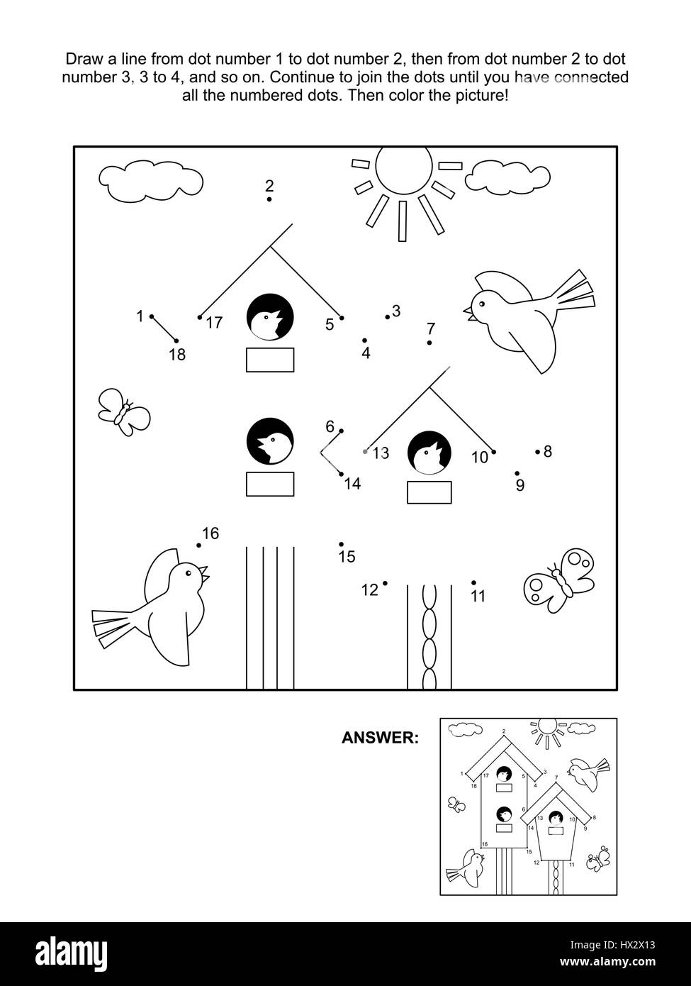 Spring themed connect the dots picture puzzle and coloring page with birdhouses birds and nestlings answer included stock vector image art