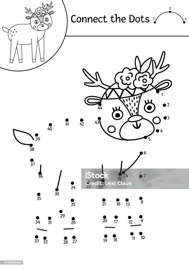 Vector dottodot and color activity with cute deer spring holiday connect the dots game for children with funny forest animal woodland coloring page for kids stock illustration
