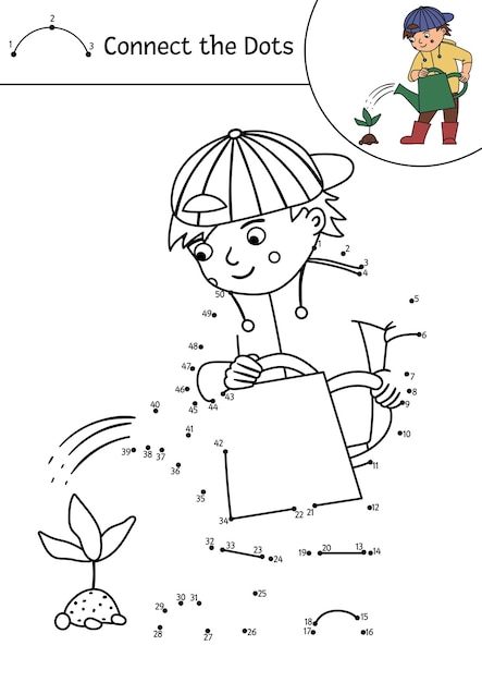 Premium vector vector dottodot and color activity with cute boy watering baby plant spring or summer connect the dots game for children garden themed printable worksheet or coloring page for kidsxa