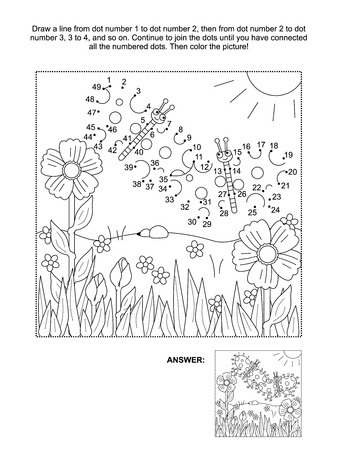 Connect the dots picture puzzle and coloring page spring or summer joy themed with butterflies flowers grass royalty free svg cliparts vectors and stock illustration image