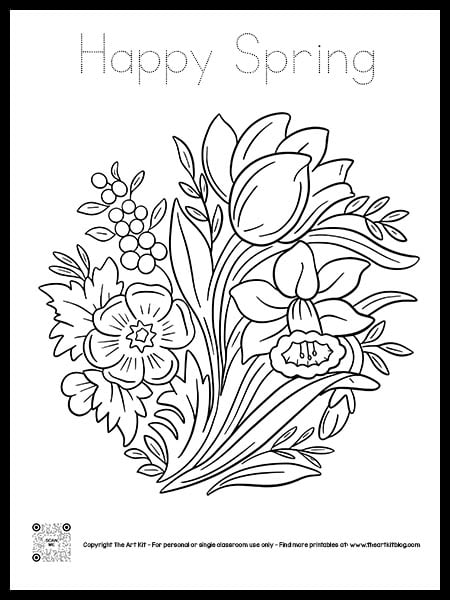 Happy spring coloring page dotted font beautiful flowers free printable â the art kit