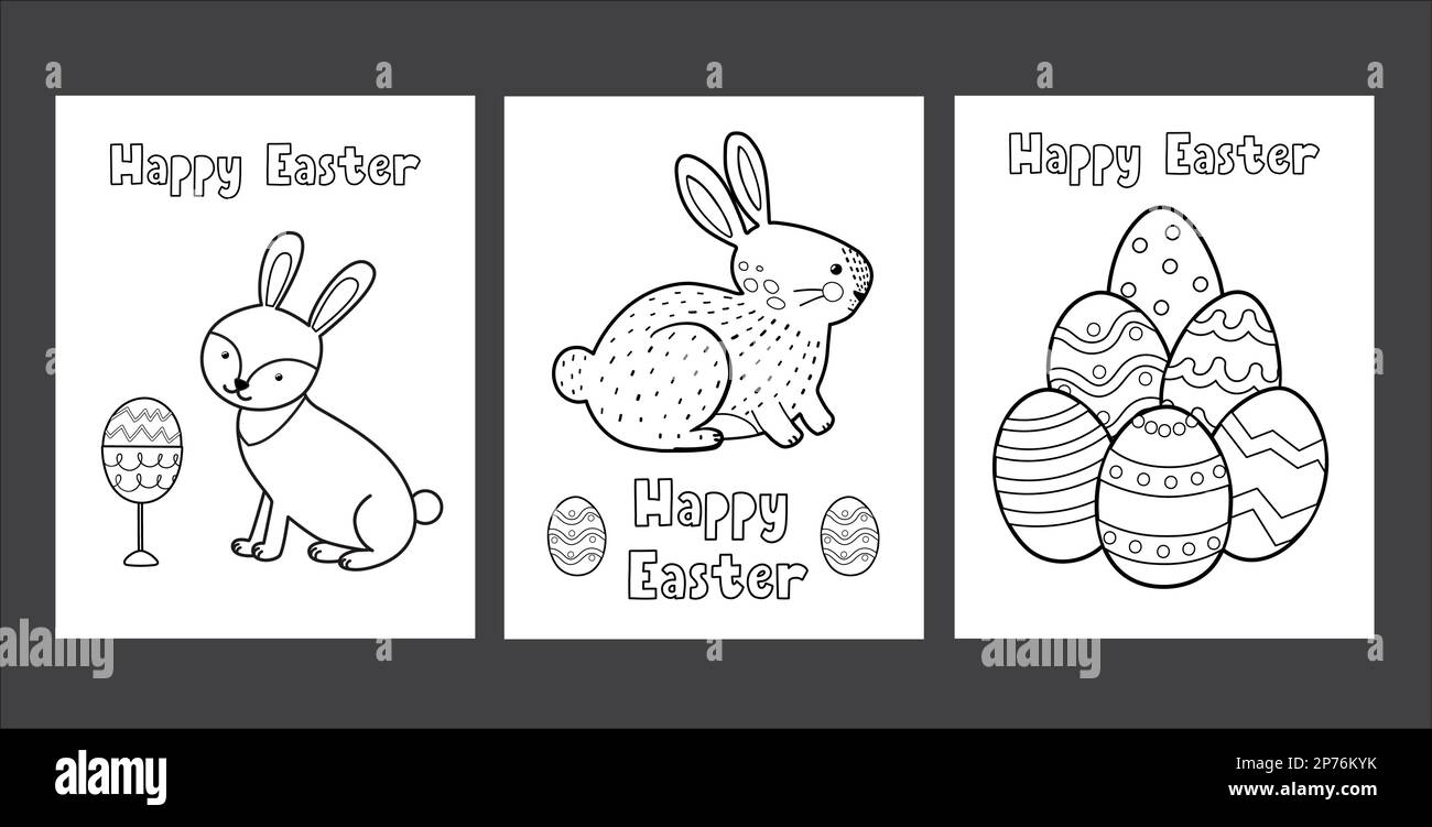 Easter coloring pages set with cute bunny and eggs black and white spring activity pages stock vector image art