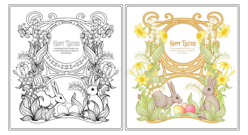 Happy easter coloring page for the adult coloring book with spring flowers eggs and rabbit stock vector