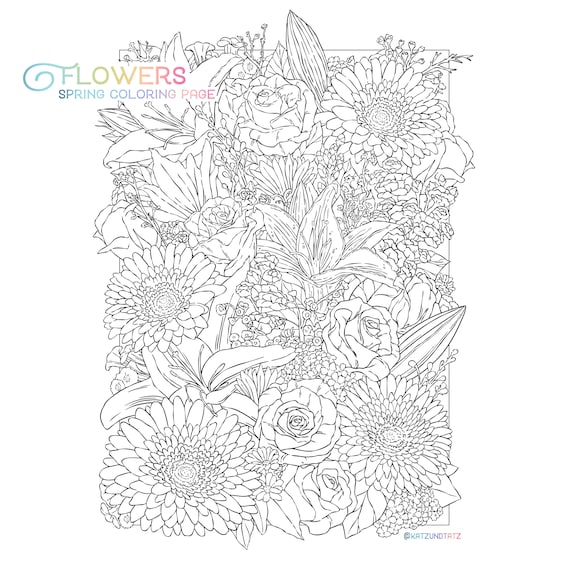 Flowers coloring page floral adult coloring page spring bouquet botanical lineart spring flower digital download pdf printable by jen katz instant download