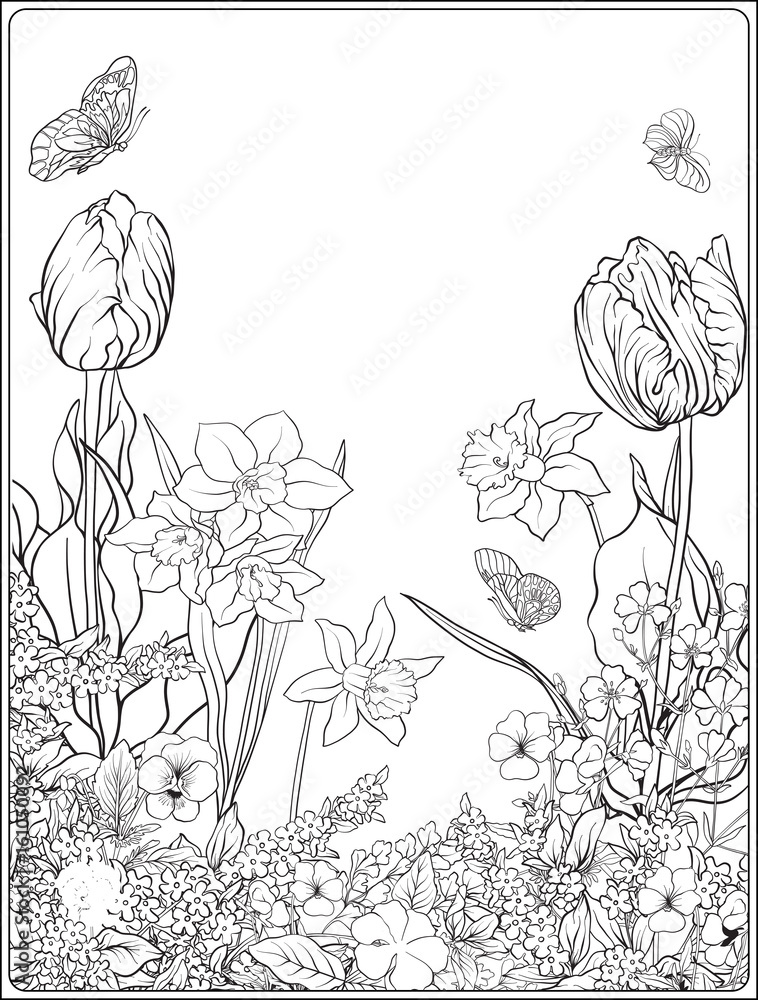 Position with spring flowers tulips daffodils violets forget