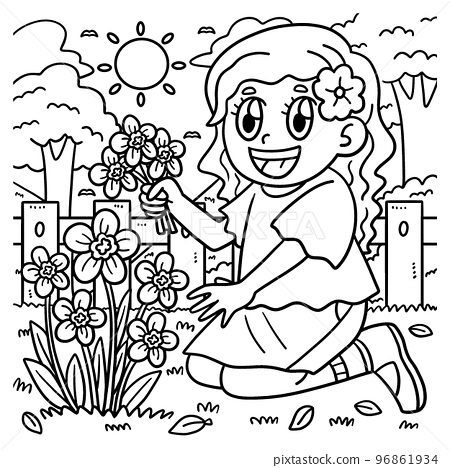 Spring girl picking flowers coloring page for kids