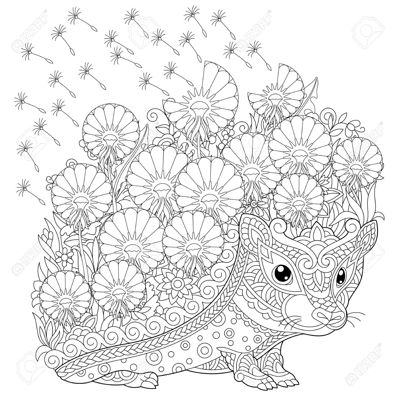 Coloring page colouring picture with hedgehog and spring flowers freehand sketch drawing for adult coloring book royalty free svg cliparts vectors and stock illustration image