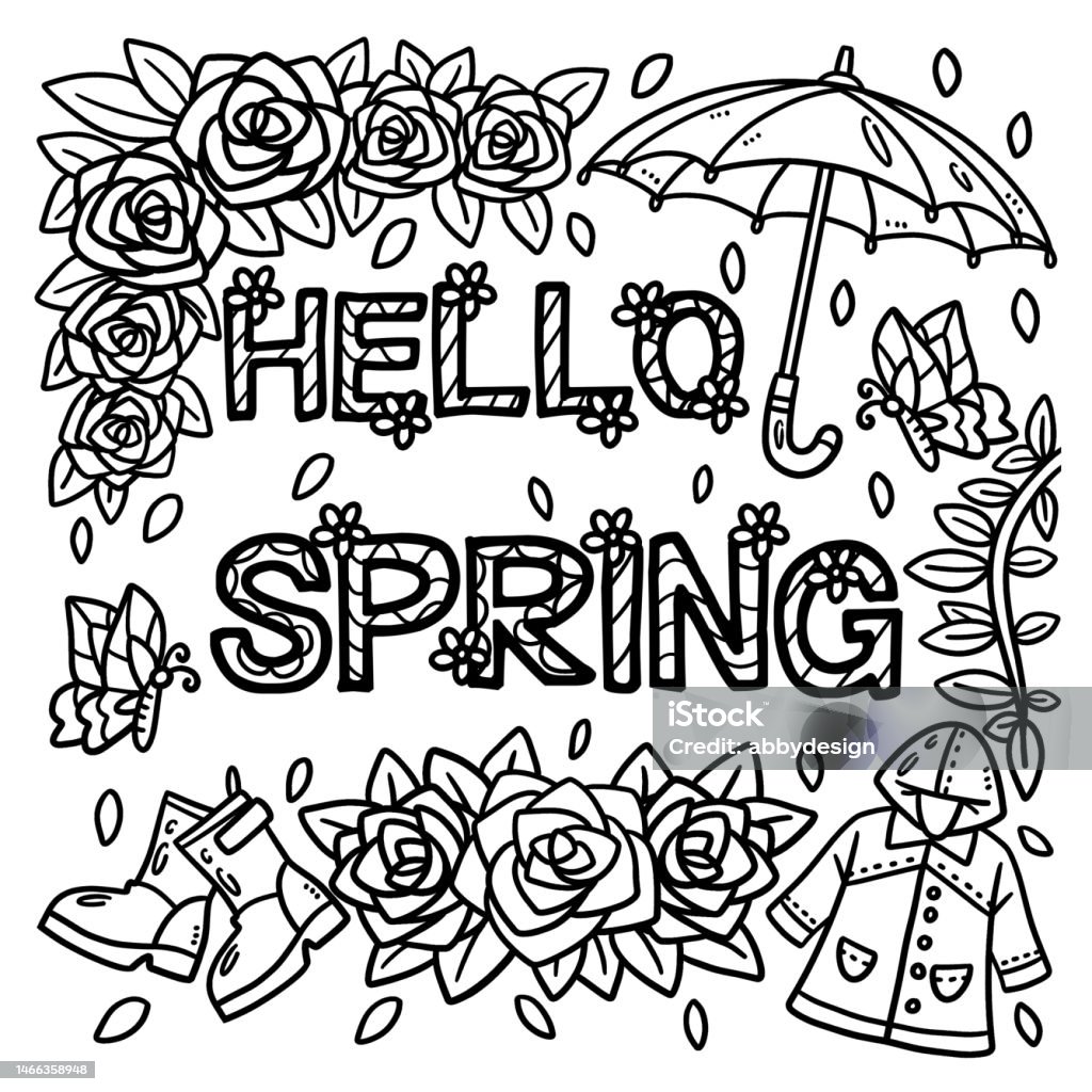 Hello spring coloring page for kids stock illustration