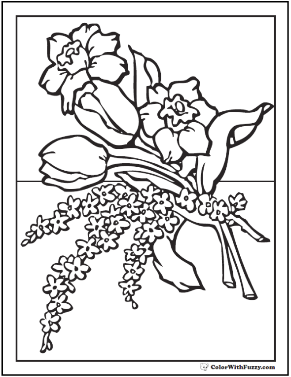 Flower coloring pages â tulips roses lilies daisies bouquets
