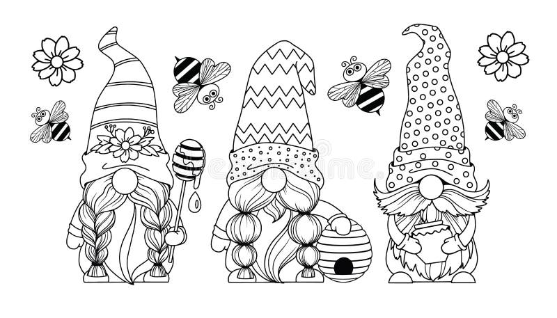 Set gnomes with honey stock vector illustration of flower