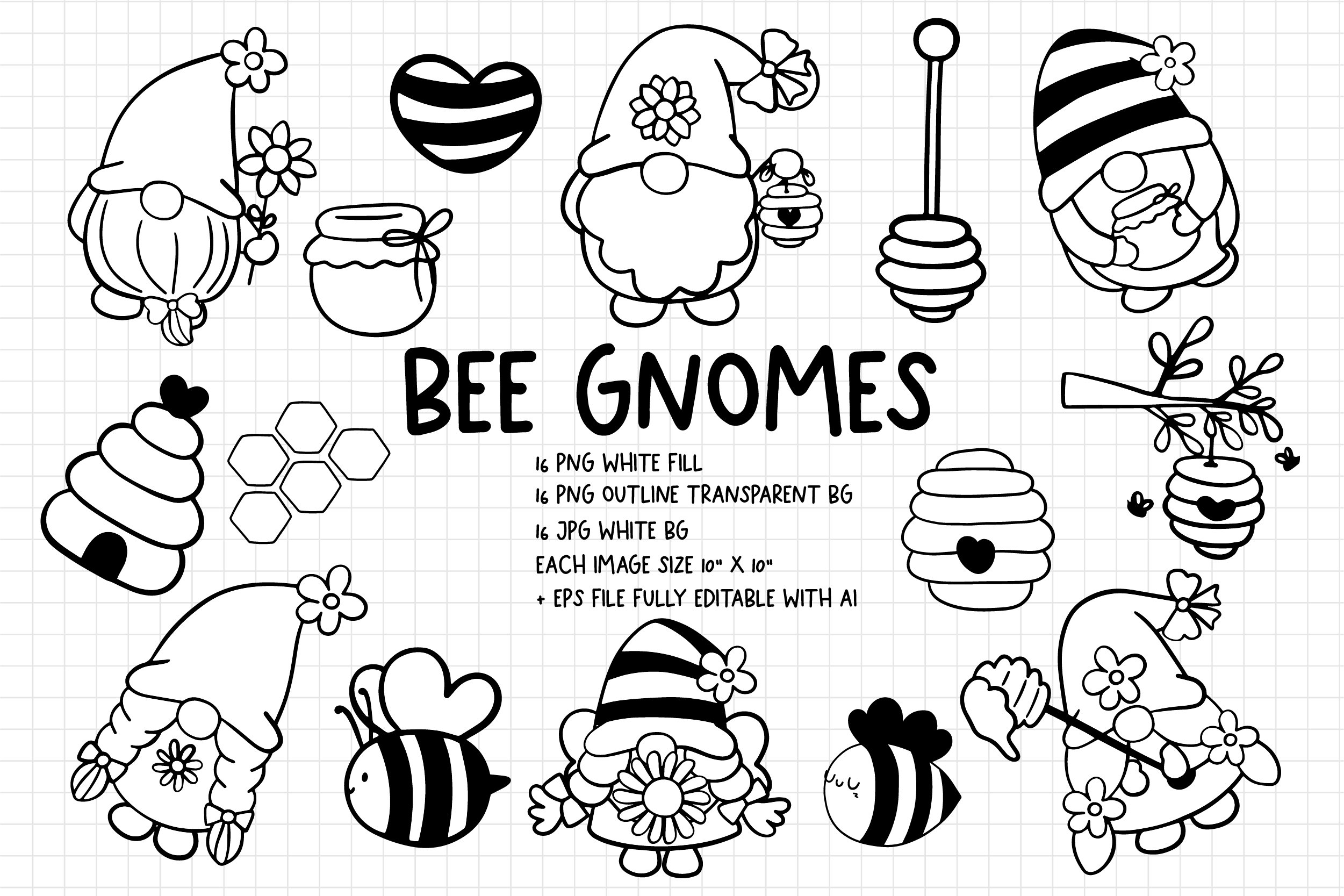 Bee gnomes digital stamps coloring page