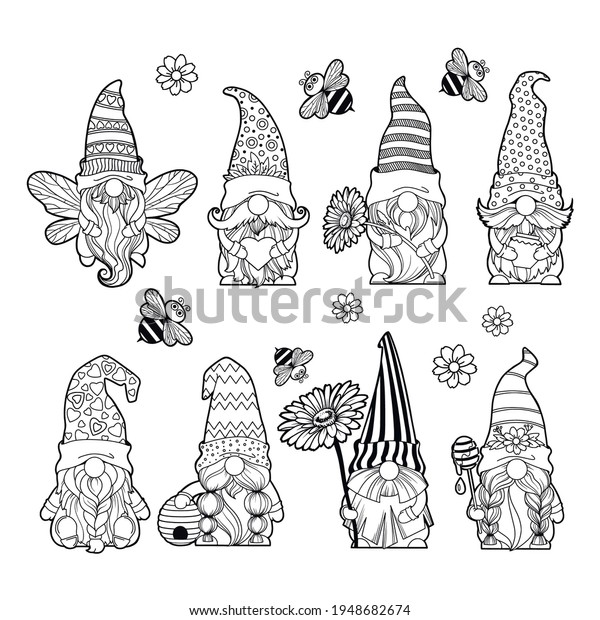 Set gnomes honey bees hello spring stock vector royalty free