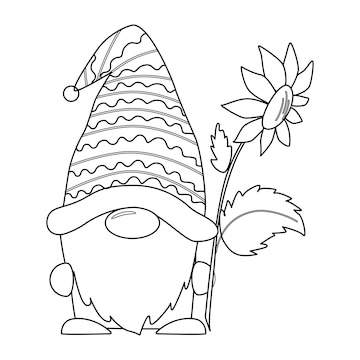 Premium vector vector outline honey gnome with sunflower spring set