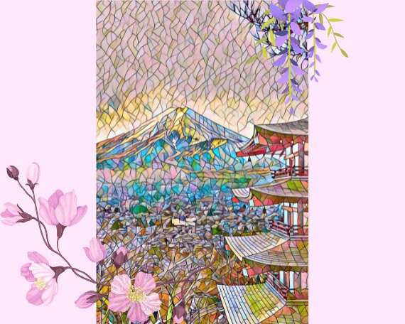 Japanese landscape coloring page for adult with reference pic for inspiration guidance mosaic coloring stained glass coloring pages