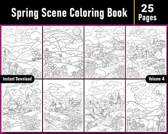 Spring scene coloring book volume spring coloring pages adults printable adult coloring page printable pdf file instant download