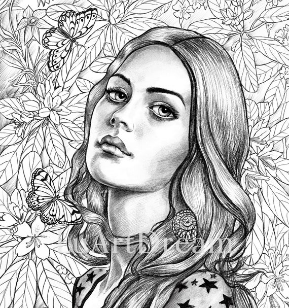 Spring adult coloring page beautiful woman printable grayscale coloring page digital download illustration pdf jpg