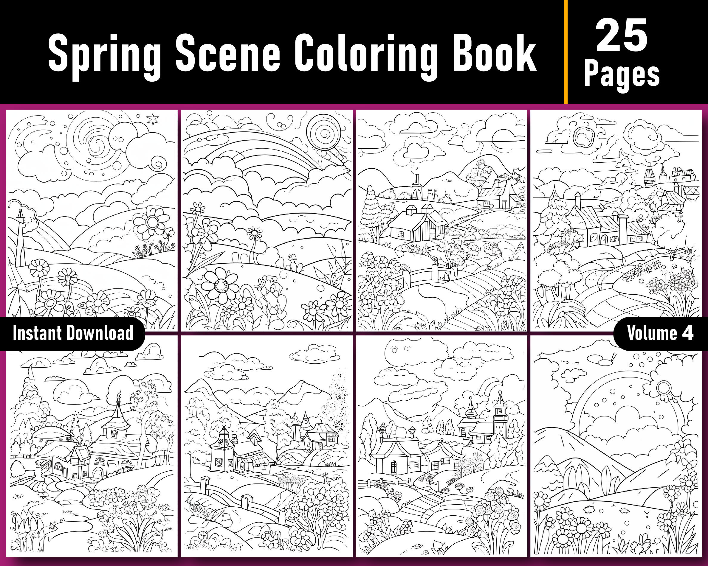 Spring scene coloring book volume spring coloring pages adults printable adult coloring page printable pdf file instant download