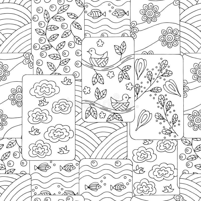 Doodle pictures coloring pages with spring scenes stock illustration
