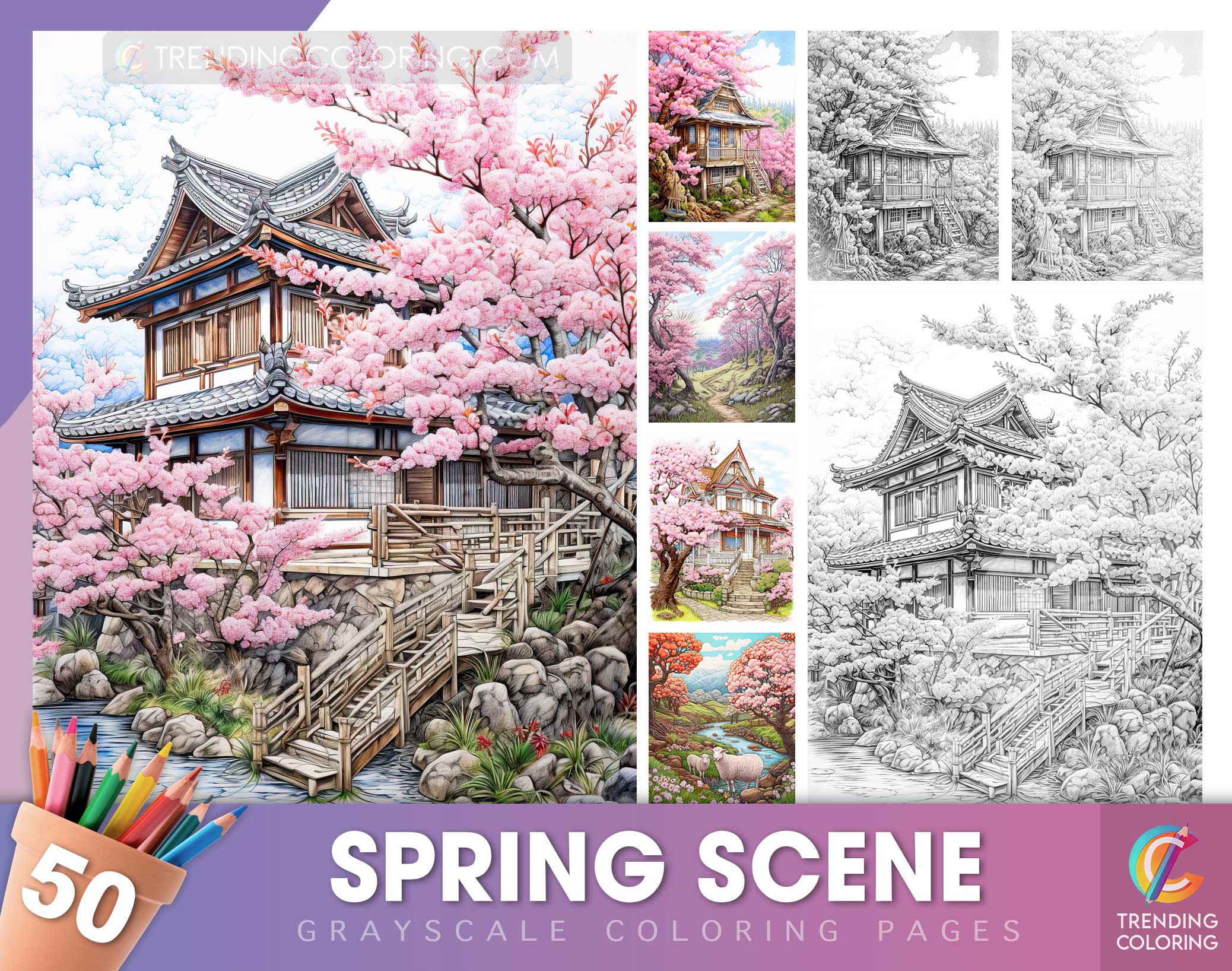 Spring scene grayscale coloring pages