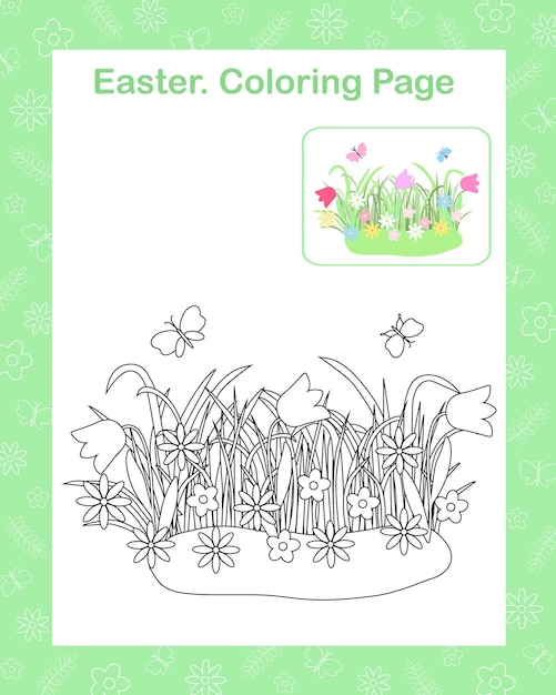 Premium vector springtime scene grass flowers butterflies coloring page sample printable leisure activity worksheet
