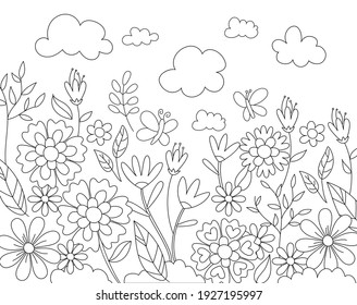 Spring season scene coloring page stock illustration