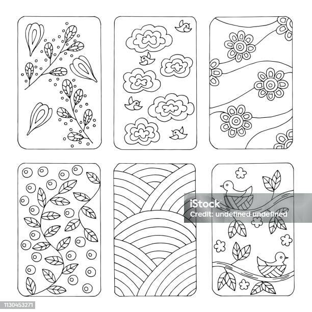 Doodle pictures coloring pages with spring scenes stock illustration