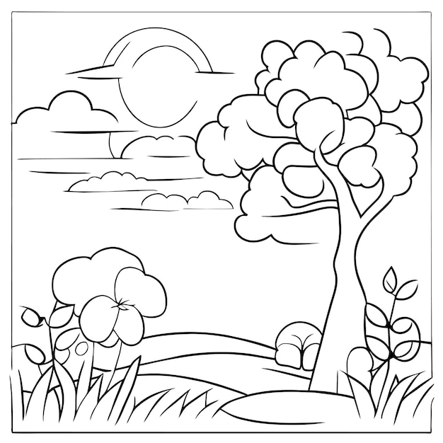 Premium vector coloring page landscape nature scenes with sun clouds or meadow landscape scene many trees flower