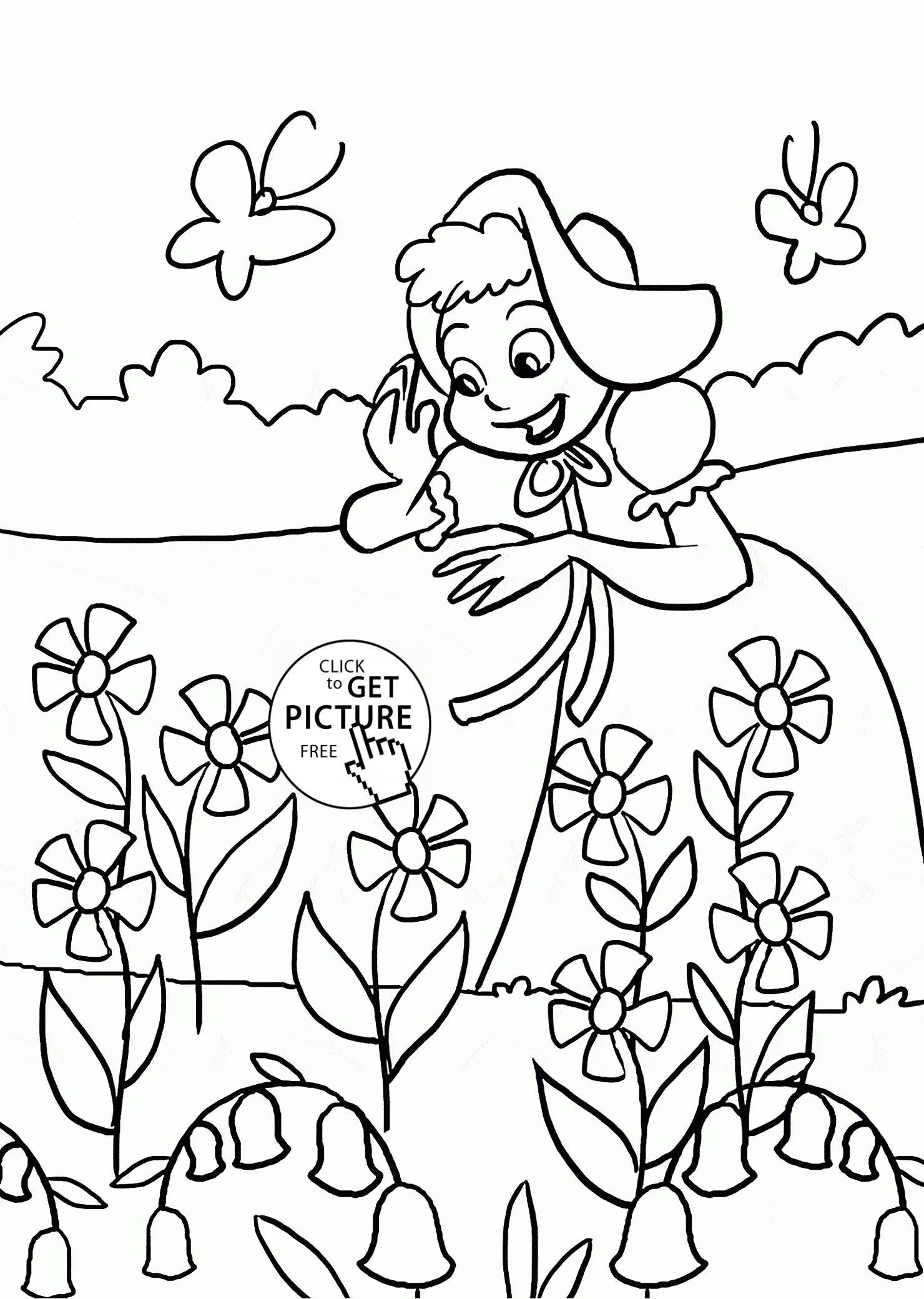 Happy girl and spring flowers coloring page for kids seasons coloring pages printables free â spring coloring pages summer coloring pages flower coloring pages