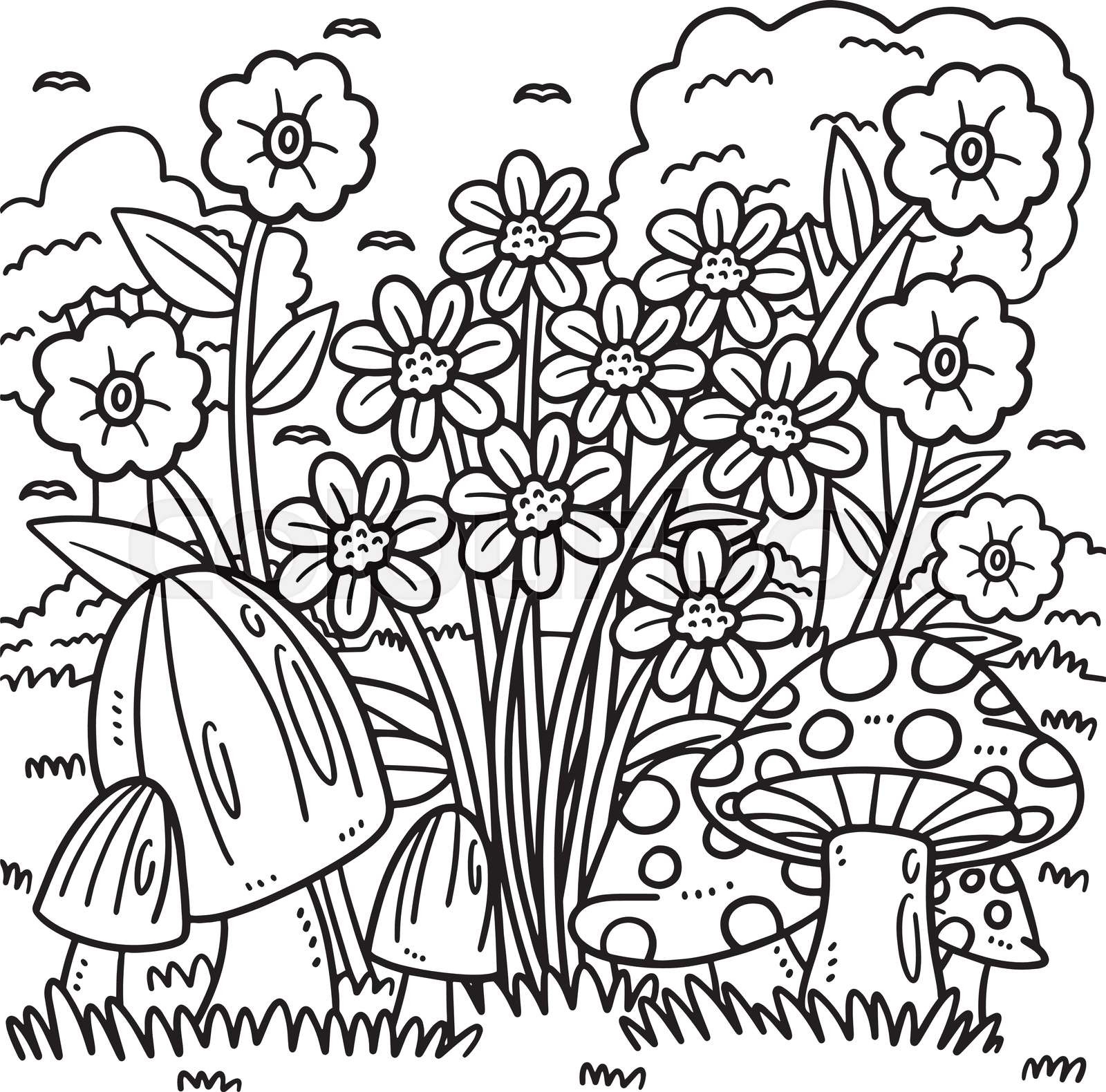 Spring mushrooms and flowers coloring page stock vector