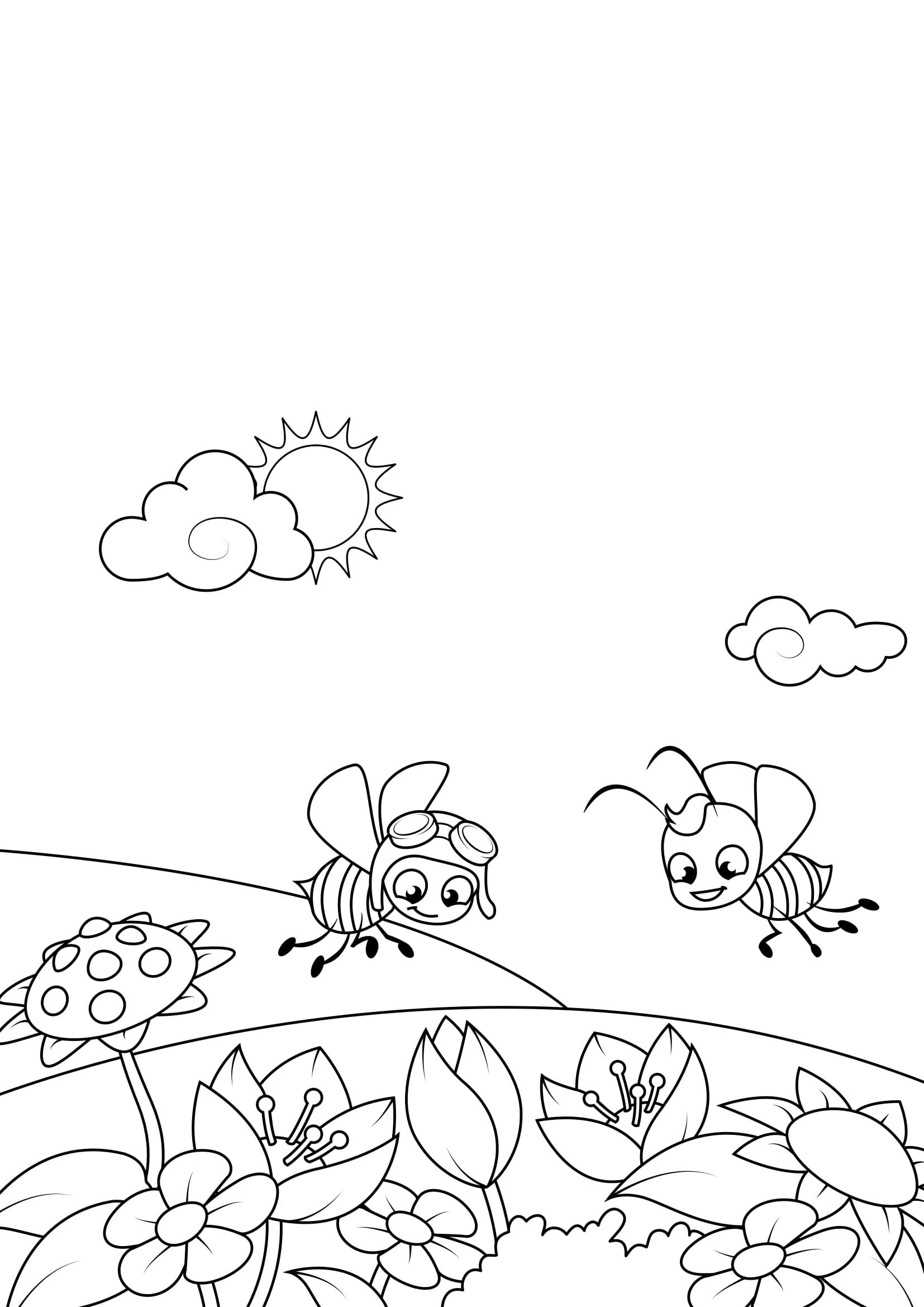 Coloring page spring bees in the garden