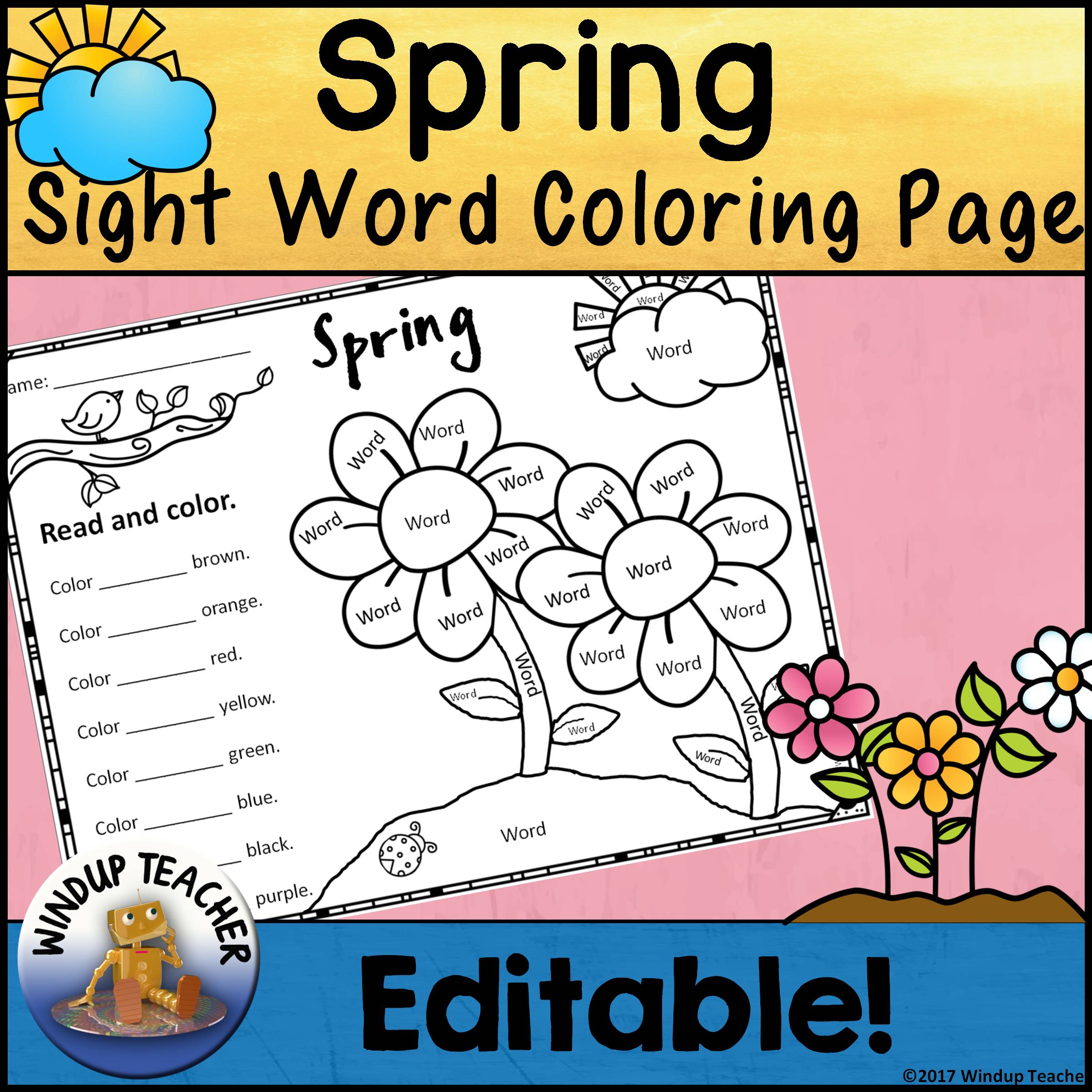 Spring color by sight word activity sheet