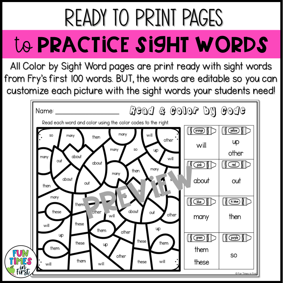 Spring color by sight word coloring pages