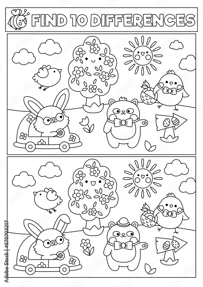 Easter black and white kawaii find differences game for children attention skills line activity with cute bunny and chick going on egg hunt spring holiday puzzle or coloring page for kids