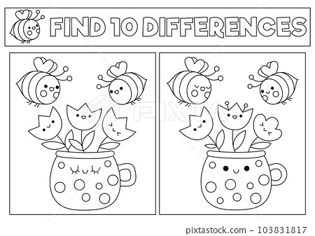 Garden black and white kawaii find differences