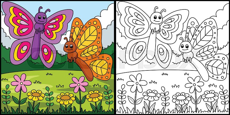 Spring two butterflies coloring page illustration stock vector