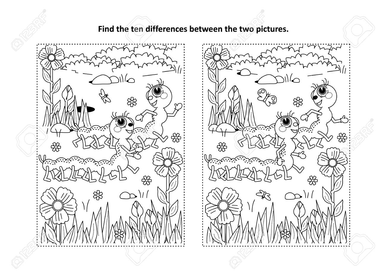 Spring or summer themed find the ten differences picture puzzle and coloring page with two cute caterpillars walking in the garden royalty free svg cliparts vectors and stock illustration image