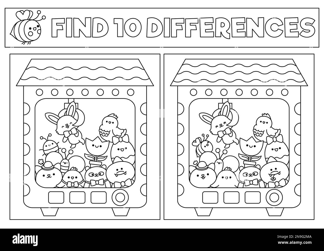 Easter black and white kawaii find differences game coloring page with cute animals in toy vending machine spring holiday puzzle or activity for kid stock vector image art