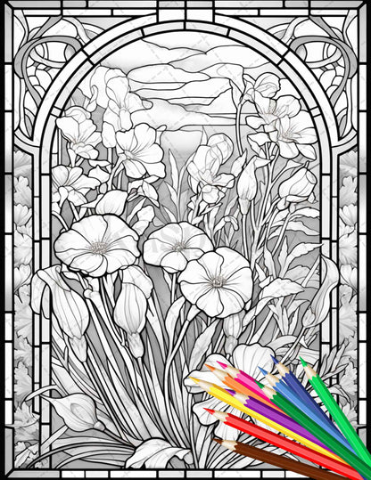 Stained glass flowers grayscale coloring pages printable for adults â coloring