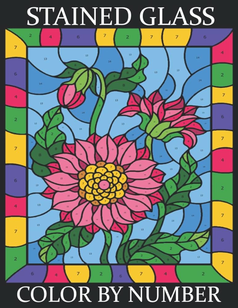 Stained glass color by number simple designs for beginners and teens through seniors featuring animals nature flowers farm and country life more easy large print coloring book for adults