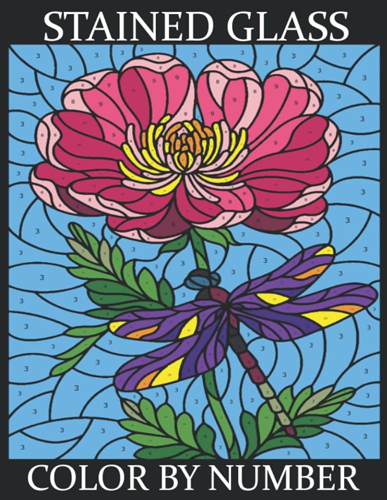 Stained glass color by number adult coloring book stress relieving designs animals mandalas plants patterns still life and so much more relaxing coloring pages for seniors and dementia patients stress relief designs