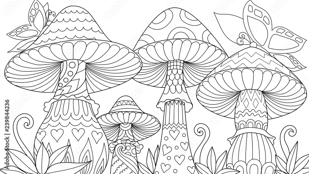 Cute three mushroom in spring time with butterflies for design element and coloring bookcoloring pagecolouring picture vector illustration vector