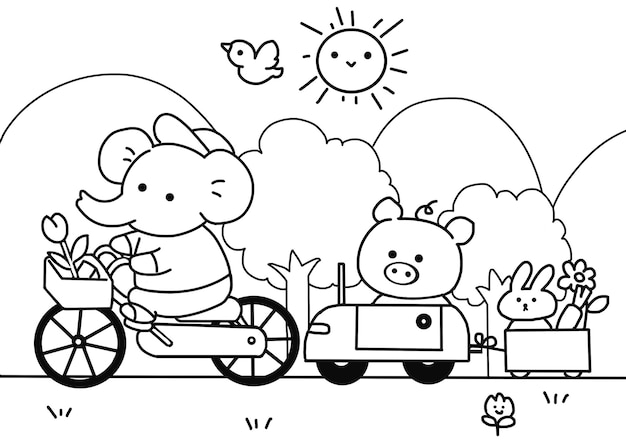 Premium vector cute animals go to travel on spring time doodle cartoon coloring page